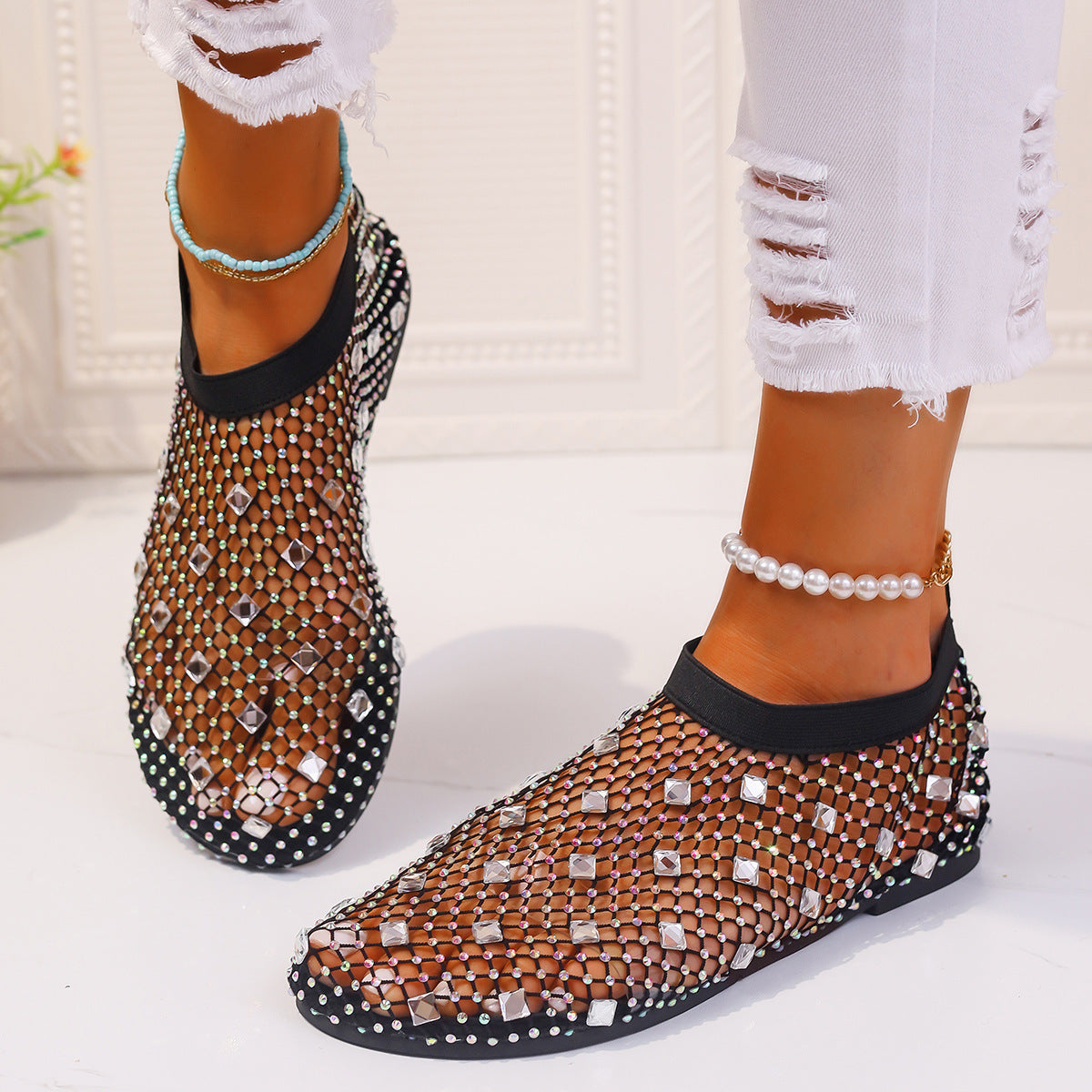 Fashion Mesh Flat Sandals With Colorful Rhinestone Design Summer New Round Toe Beach Shoes For Women