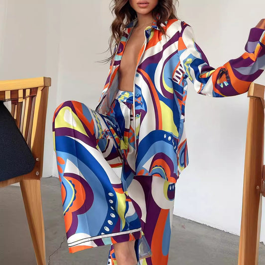 Fashion Printed Loose Long Sleeves Shirt Straight-leg Pants Trousers Spring And Autumn Women's Clothing