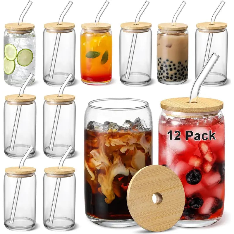 [ 12Pcs Set ] Glass Cups with Bamboo Lids and Glass Straw - Beer Can Shaped 16 Oz Iced Coffee Drinking Glasses, Cute Tumbler Cup for Smoothie, Boba Tea, Whiskey, Water - 4 Cleaning Brushes