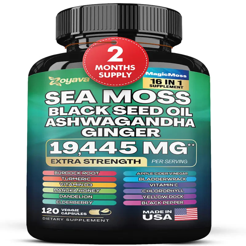 Zoyava Sea Moss Supplement, 19,445 MG All-In-One Formula with over 15+ Super Ingredients, Extra Strength & High Potency, 60 Capsules, MADE in USA