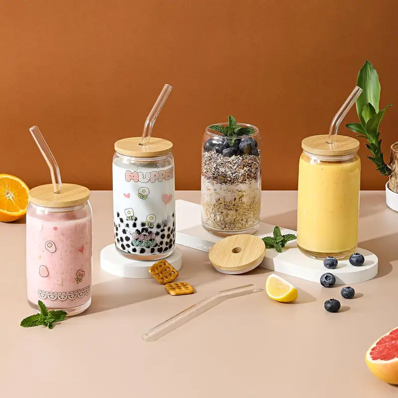 [ 12Pcs Set ] Glass Cups with Bamboo Lids and Glass Straw - Beer Can Shaped 16 Oz Iced Coffee Drinking Glasses, Cute Tumbler Cup for Smoothie, Boba Tea, Whiskey, Water - 4 Cleaning Brushes
